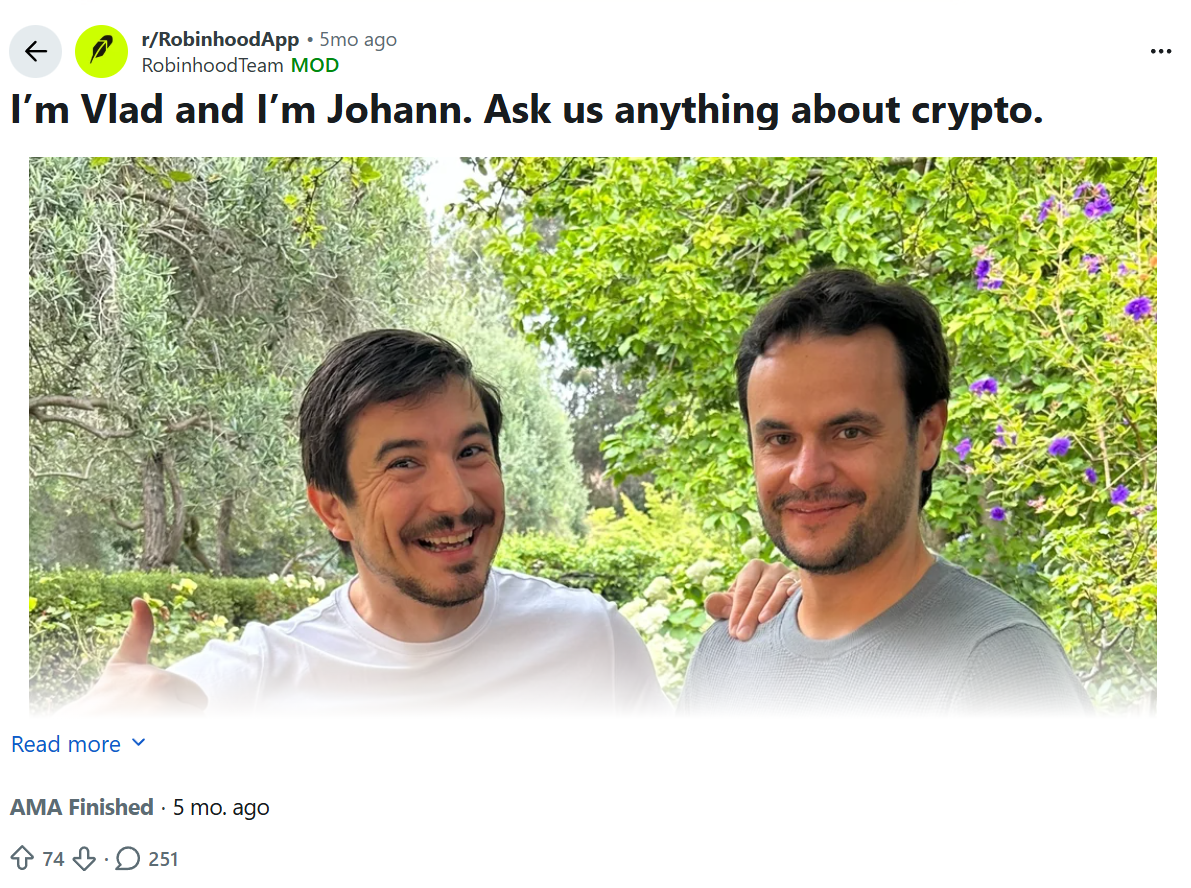 Robinhood founders Vlad and Johann leading an Ask Me Anything thread about Crypto in r/RobinhoodApp.