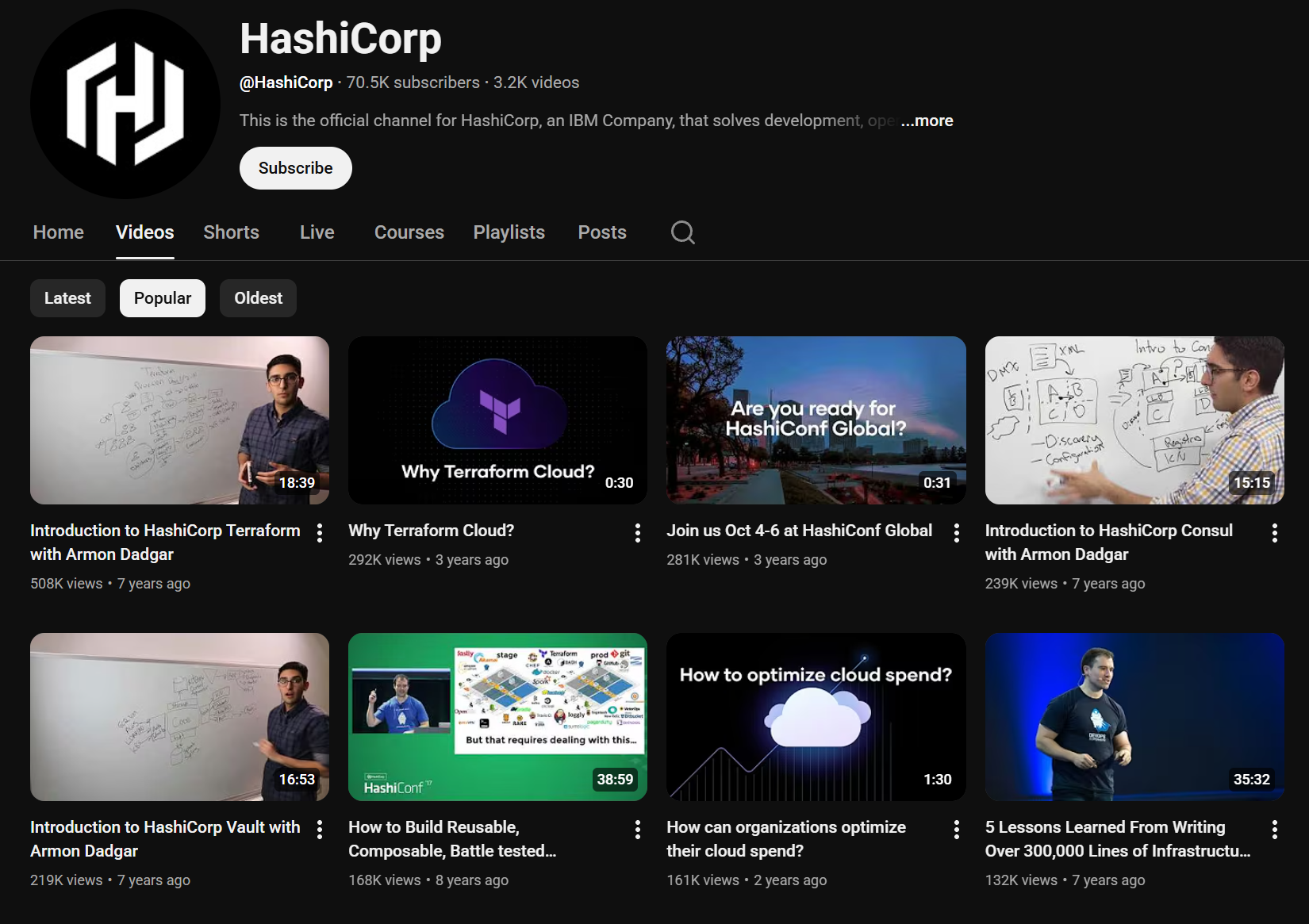 The top videos on the HashiCorp YouTube channel include several product-specific walkthrough videos for Terraform, Consul, and Vault