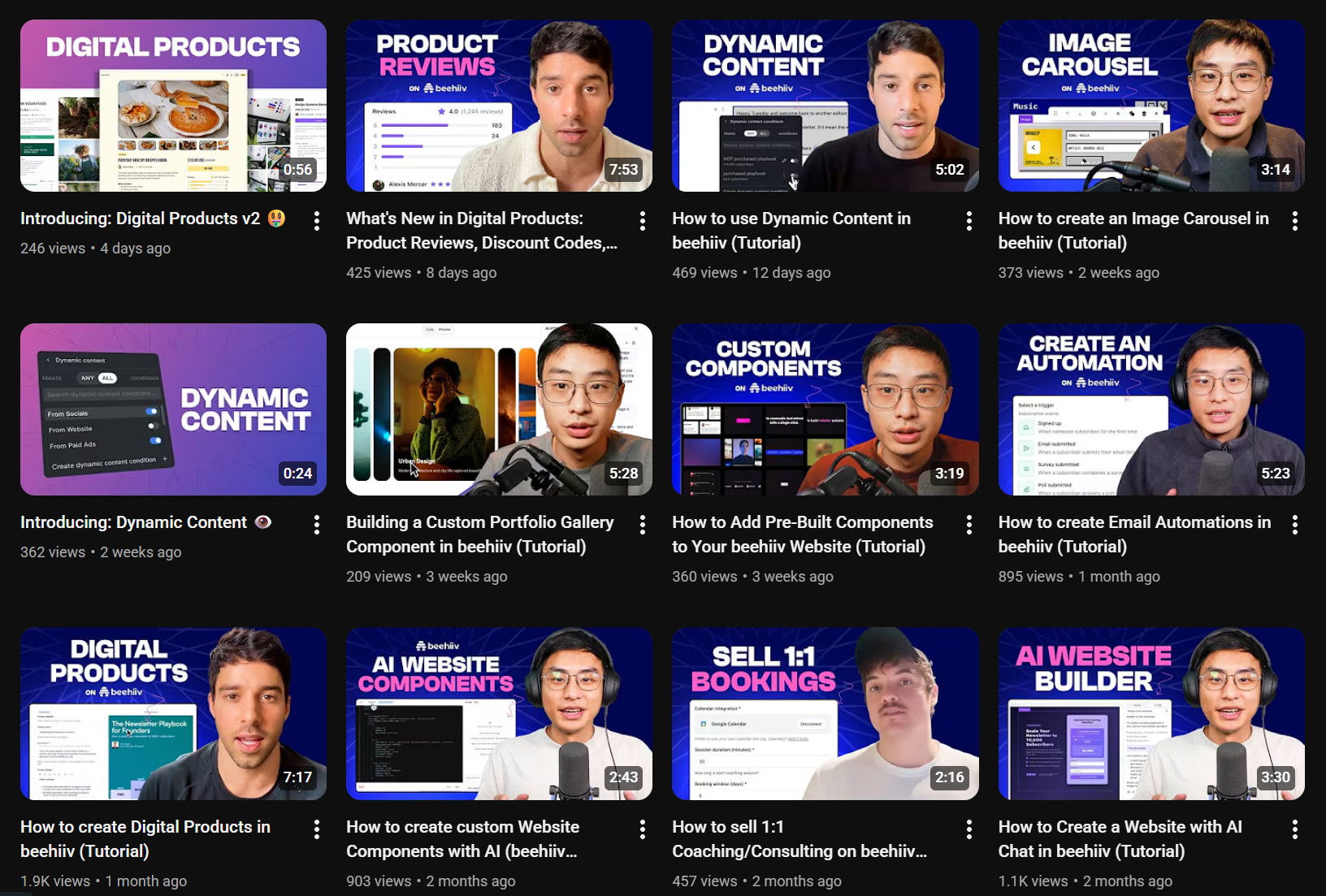 The most recent videos on Beehiiv's YouTube channel are primarily how-to and instructional content that helps users get the most out of the platform.