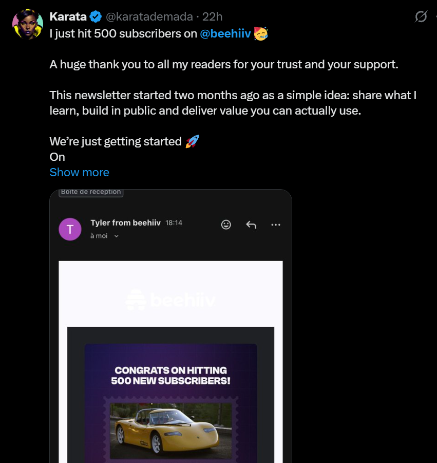 A Beehiiv user on X announces that their readership just reached 500 and tags the brand account.