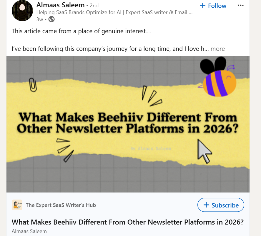 A LinkedIn user shares an edition of their LinkedIn newsletter titled "What Makes Beehiiv Different From Other Newsletter Platforms in 2026?"