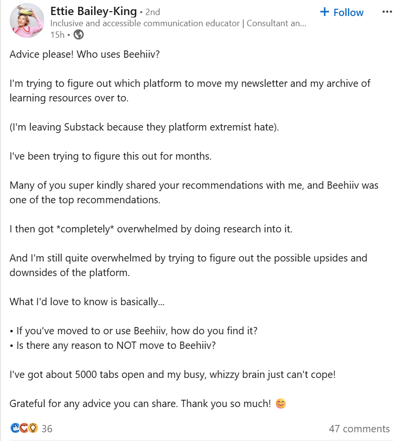 A LinkedIn asks their network for feedback and real experiences from current Beehiiv users.