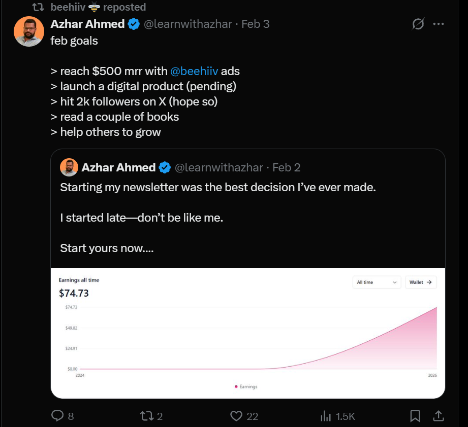 the beehiiv X account reposts a tweet from a user who is celebrating newsletter milestones