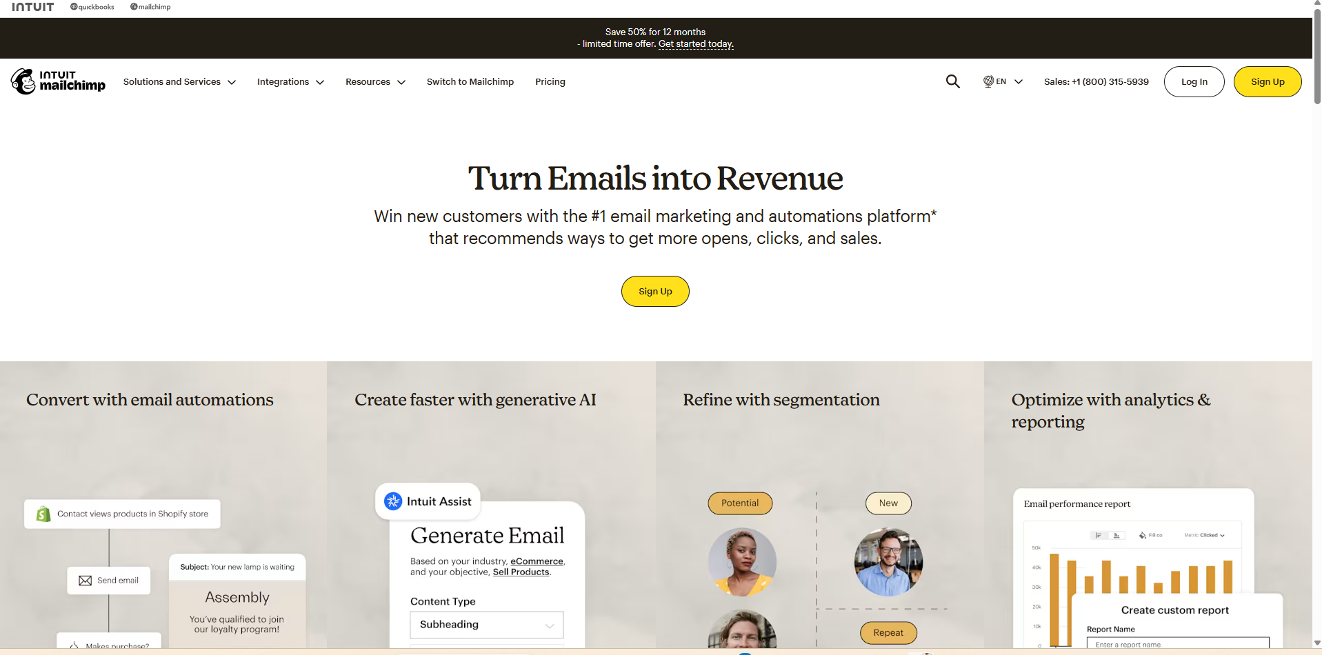 A screenshot of the Intuit Mailchimp homepage with the headline "Turn Emails into Revenue". It features information about email automation, generative AI, segmentation, and analytics.
