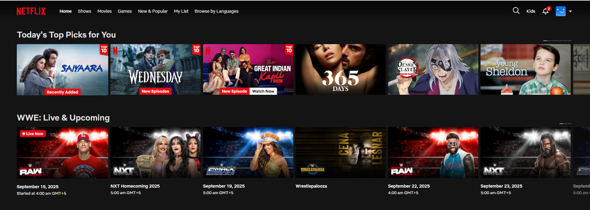 A screenshot of the Netflix homepage showing "Today's Top Picks for You" with show titles like "Wednesday", "Young Sheldon", and "365 Days". Below that is a "WWE: Live & Upcoming" section featuring wrestling match schedules and graphics.