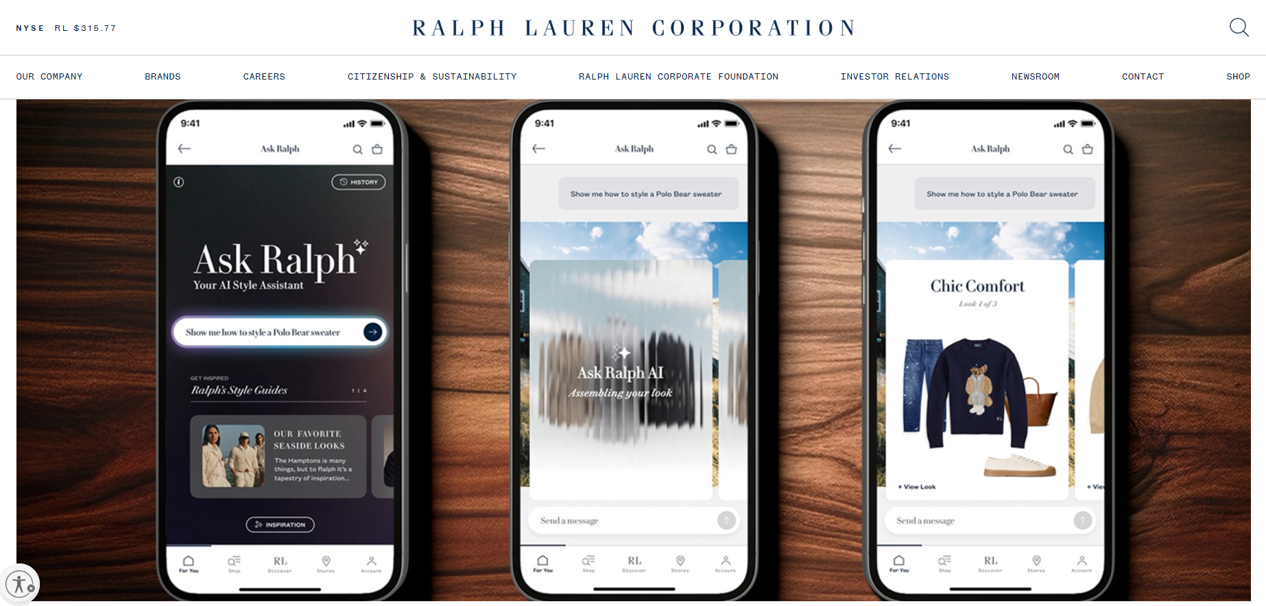 Three smartphones are displayed on a wooden surface, showcasing the "Ask Ralph" AI Style Assistant. The first phone shows the app's home screen with the title "Ask Ralph: Your AI Style Assistant" and a prompt to style a Polo Bear sweater. The second phone displays the AI's response with multiple clothing item thumbnails. The third phone shows a detailed "Chic Comfort" look with a Polo Bear sweater, denim jeans, and white sneakers, along with a brown tote bag.