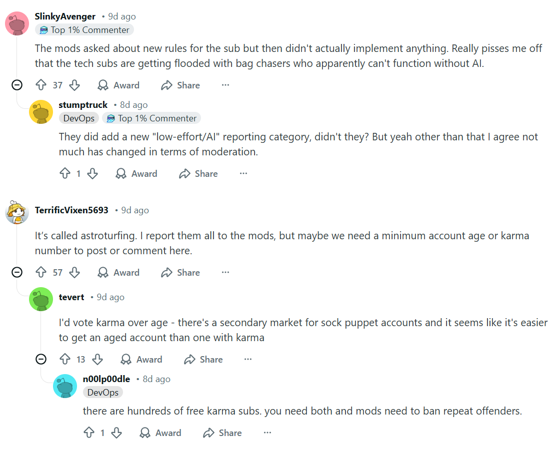 A screenshot of a Reddit thread in r/devops where users discuss the rise of disguised advertisements. Comments highlight frustration with brand-new accounts posting fake discussions and suggest solutions like minimum karma requirements. Top comments have 37 and 57 upvotes respectively, with users identifying the practice as astroturfing.