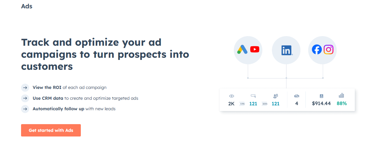 An infographic-style webpage section about tracking and optimizing ad campaigns. It lists benefits like viewing ROI, using CRM data for targeting, and automatic lead follow-up. An illustration with icons for platforms like Google Ads, LinkedIn, and Facebook is linked to a table showing sample metrics like views, conversions, and spend.