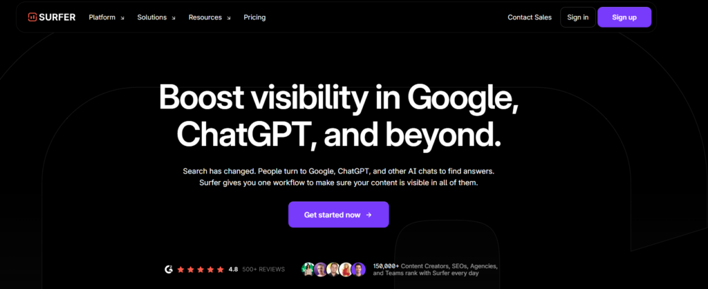 The landing page for Surfer, a platform focused on boosting visibility in Google and AI search. The headline is "Boost visibility in Google, ChatGPT, and beyond." It explains that search has changed and people use AI chats to find answers. It offers "Get started now" in a purple button. A user review count and an "Assistant" link are also visible.
