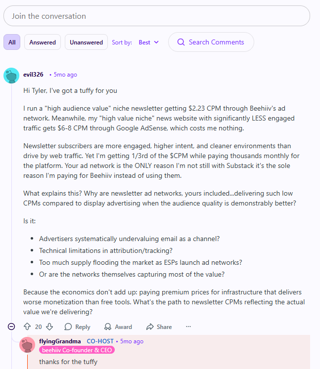 A comment from a Redditor asking Tyler Denk about the lack of results from the ad network platform receives 20 upvotes. Tyler responds thanking the Redditor.