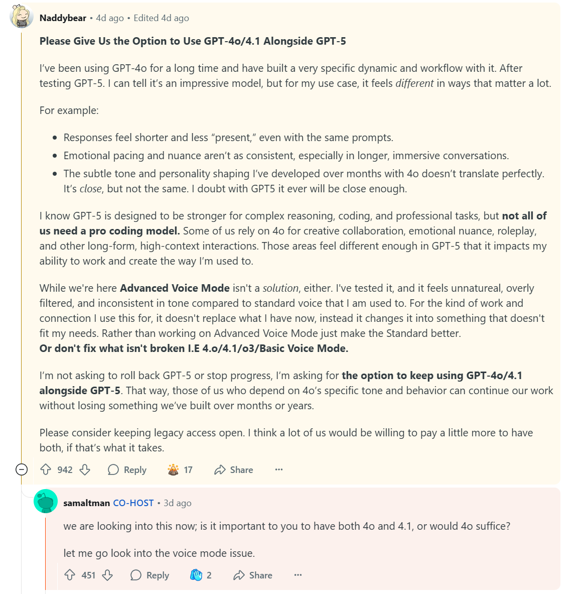 A ChatGPT user explains to Sam Altman how the GPT-5 update significantly impacted the old models they preferred and requests legacy access.