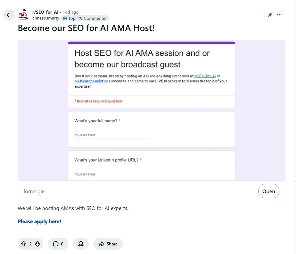 Ann Smarty posts in her r/SEO_for_AI subreddit asking experienced SEOs to apply to host upcoming AMAs.