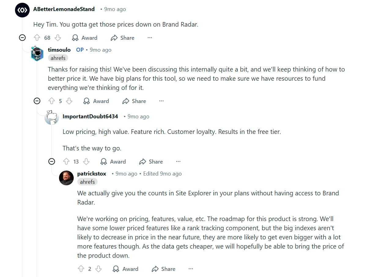 A Redditor calls out the high prices of ahrefs' Brand Radar tool during an AMA with Tim Suolo and Patrick Stox in r/bigseo.