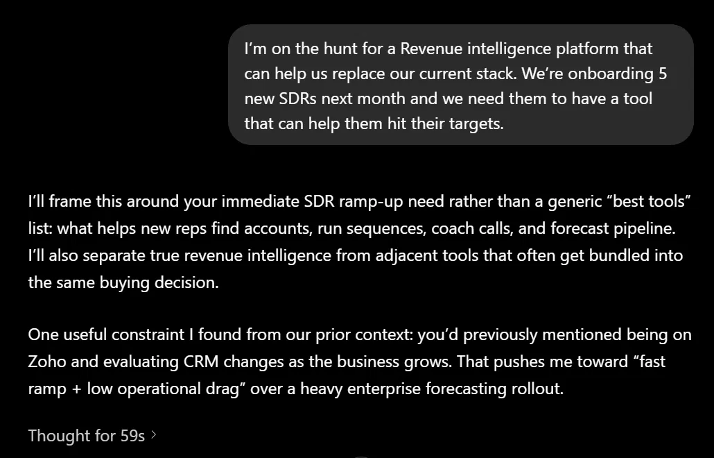 ChatGPT screenshot of a buyer asking in plain language for a revenue intelligence platform to ramp five new SDRs, with the model reasoning for 59 seconds.