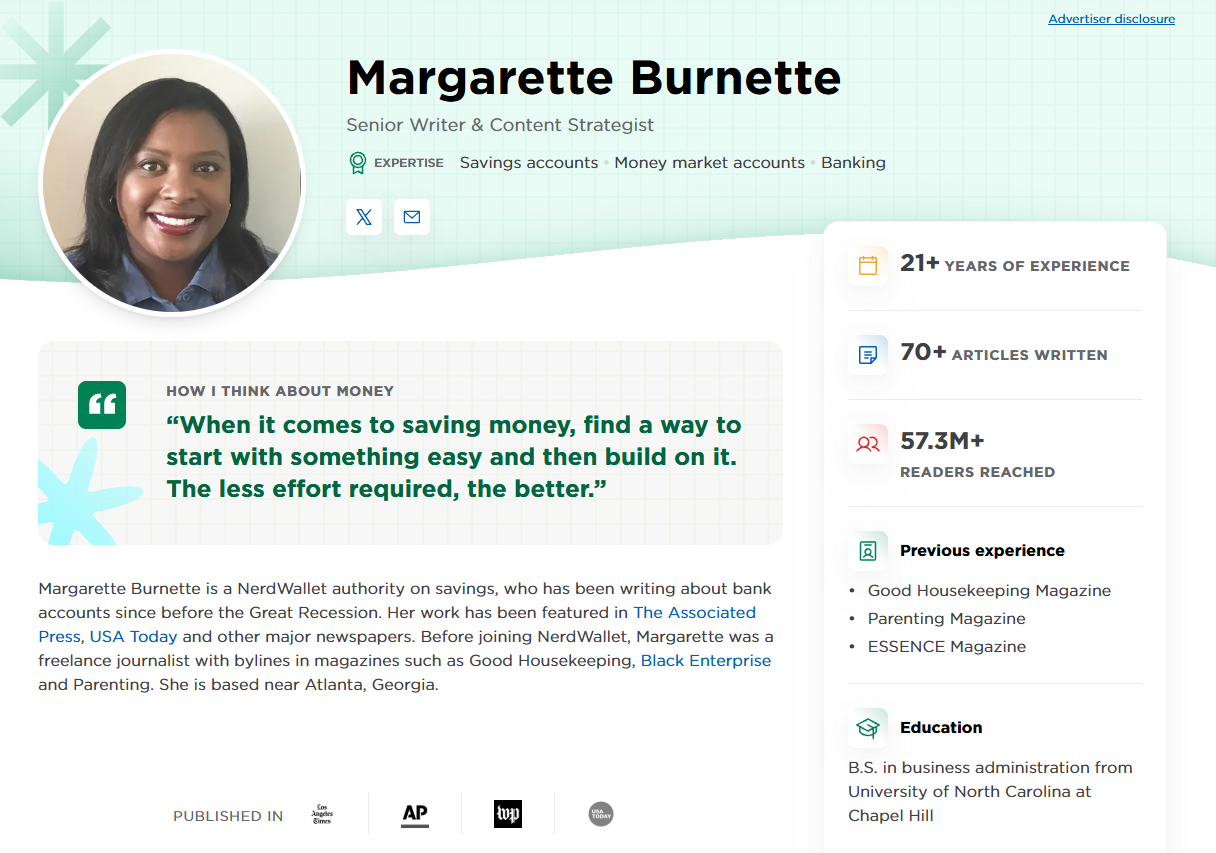 Screenshot of NerdWallet author page for Margarette Burnette, Senior Writer and Content Strategist. It lists expertise in savings accounts, money market accounts, and banking, plus 21+ years of experience, 70+ articles written, 57.3M+ readers reached, prior roles at Good Housekeeping, Parenting, and ESSENCE, and a B.S. in business administration from UNC Chapel Hill.