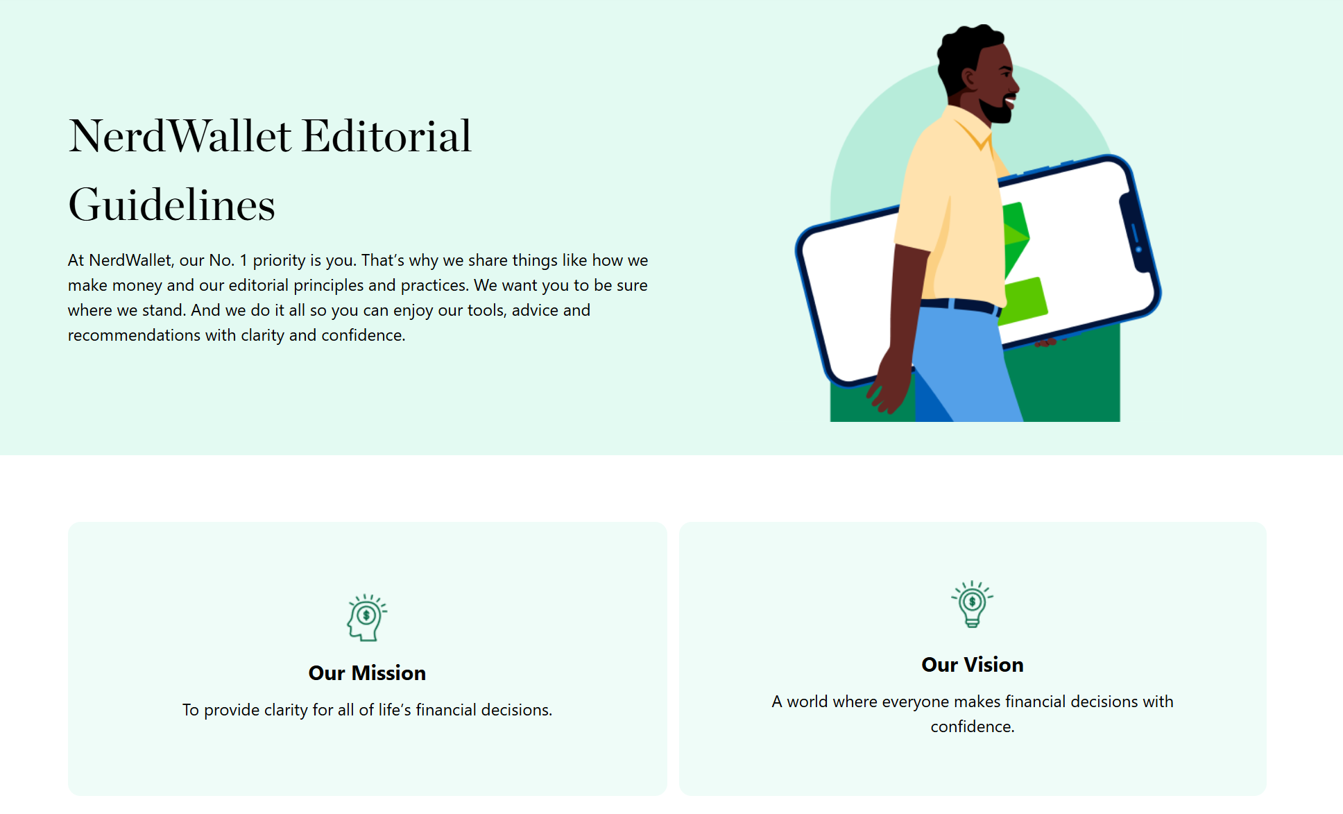 Screenshot of NerdWallet's Editorial Guidelines page, with an illustration of a person carrying a phone and two cards stating the company's mission to provide clarity for financial decisions and its vision of confident financial decision-making.