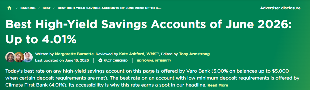 Screenshot of NerdWallet's "Best High-Yield Savings Accounts of June 2026: Up to 4.01%" page header. The byline reads written by Margarette Burnette, reviewed by Kate Ashford WMS, edited by Tony Armstrong, with a June 16, 2026 update date, fact-checked, and editorial-integrity badges.