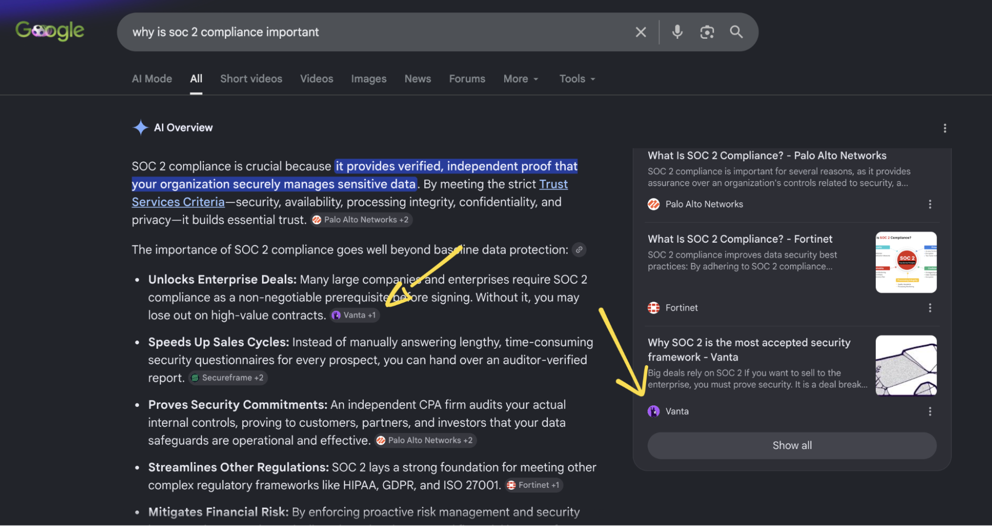 Screenshot of a search for "why is SOC 2 compliance important" showing Vanta cited in the AI Overview.