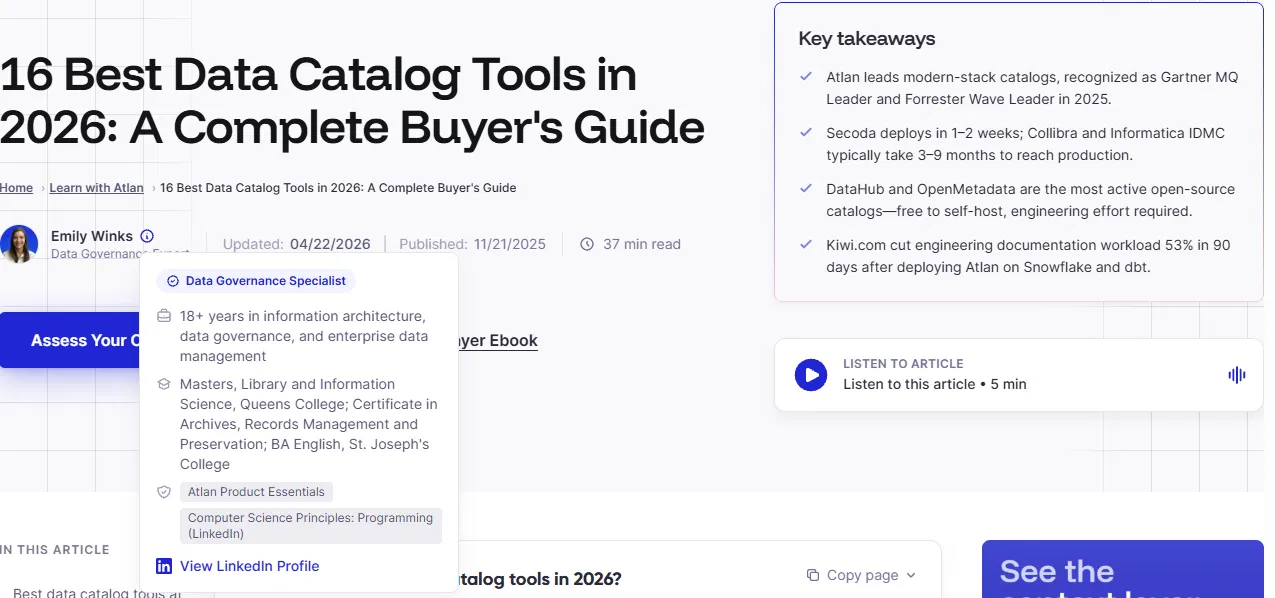 "Built to be quoted: the anatomy of a citeable page." Use the data-catalog and data-observability guide headers, with callouts on the six elements AI lifts: expert byline, published and updated dates, read-time estimate, "Key takeaways" box, cited research and analyst recognition, audio version. Frame as one labeled graphic that reads on its own.