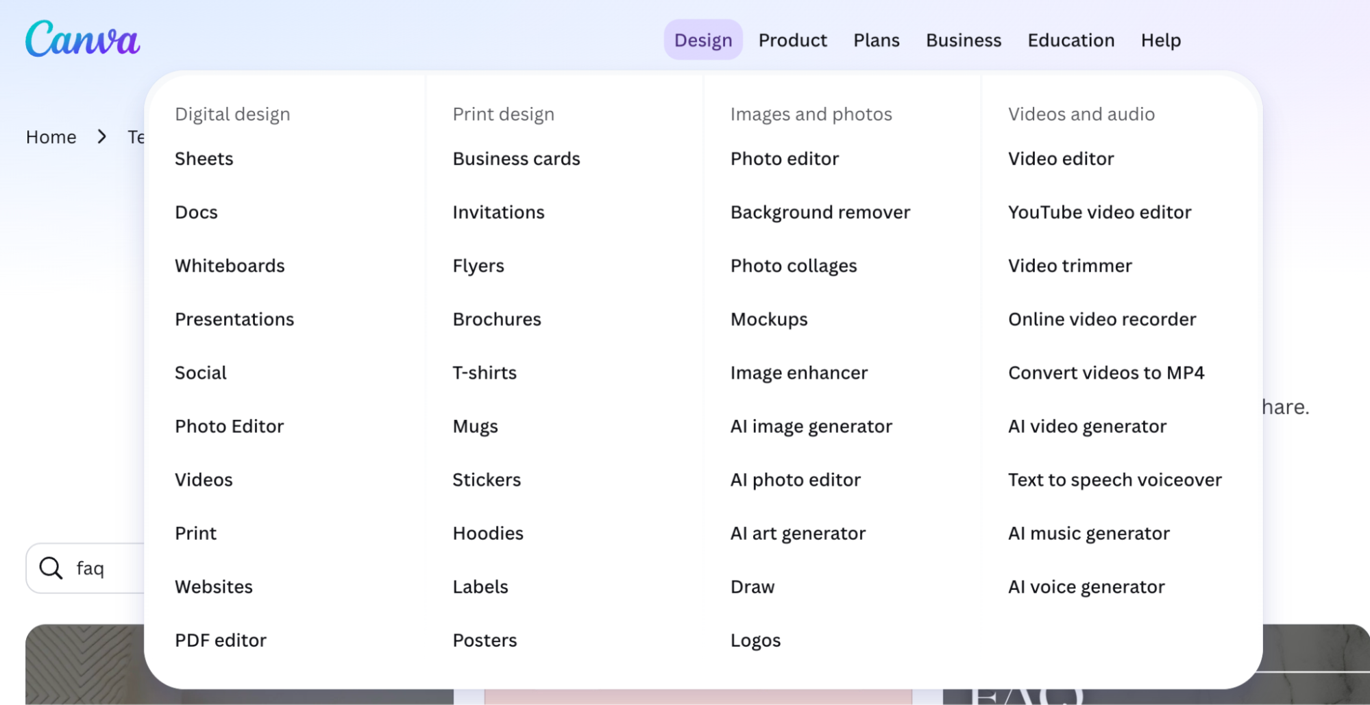 Canva's Design menu listing tools including the photo editor, background remover, AI image generator, and video editor