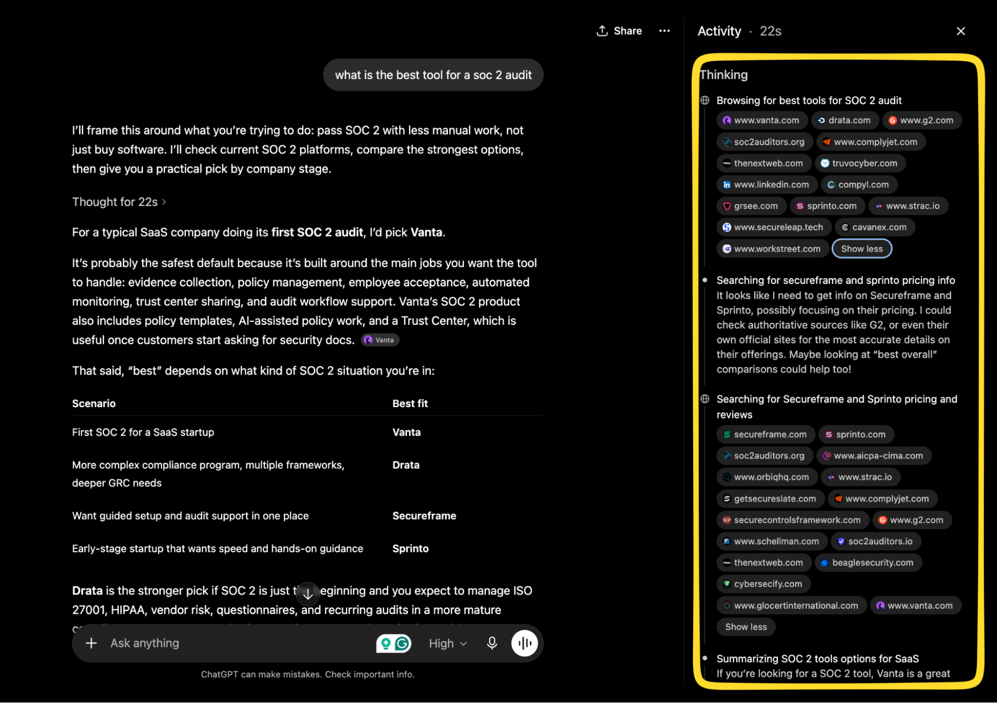 Screenshot of how ChatGPT creates fan-out queries when prompted with "What is the best tool for a SOC 2 audit?"