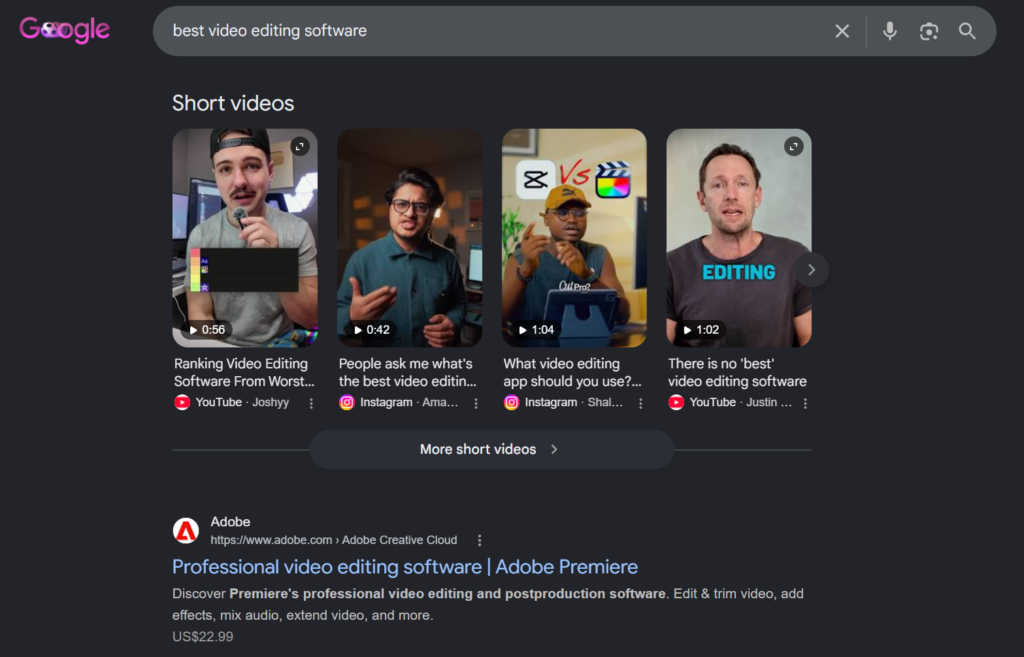 Google search results for "best video editing software" showing a "Short videos" carousel of playable vertical clips from YouTube and Instagram, sitting above the Adobe Premiere listing.