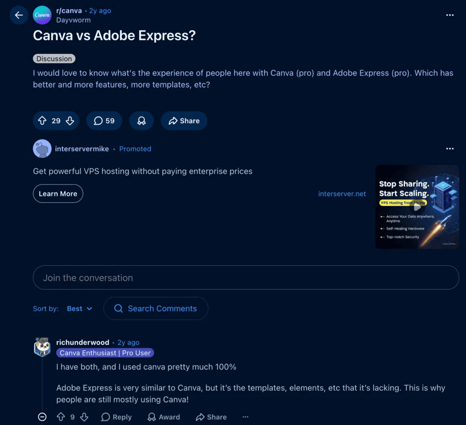 Reddit thread on r/canva comparing Canva and Adobe Express, with a top comment favoring Canva for its templates and elements