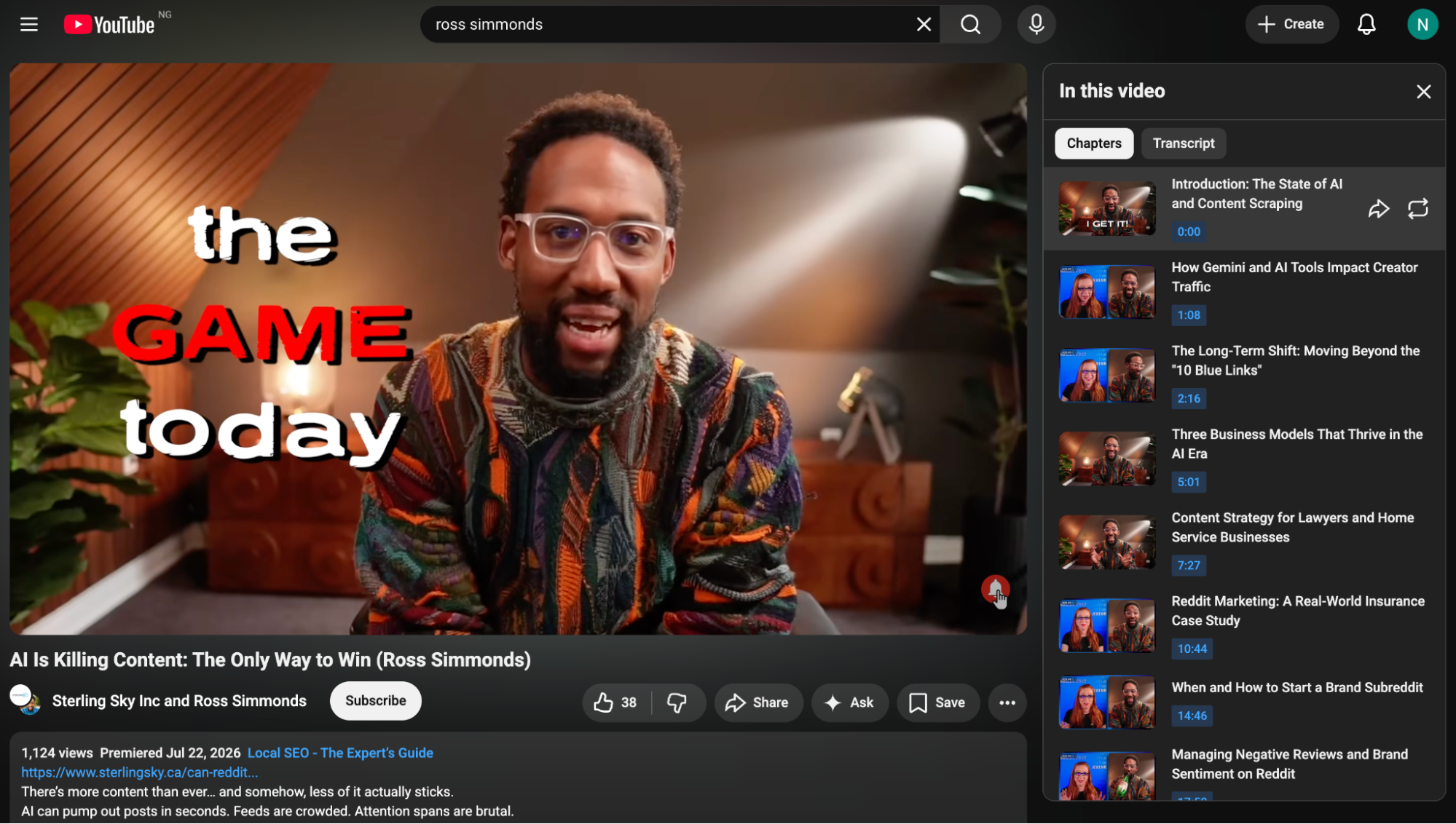 Screenshot of a YouTube video titled “AI Is Killing Content: The Only Way to Win” featuring Ross Simmonds, with the chapter panel open highlighting topics about AI, content strategy, YouTube, and Reddit marketing.