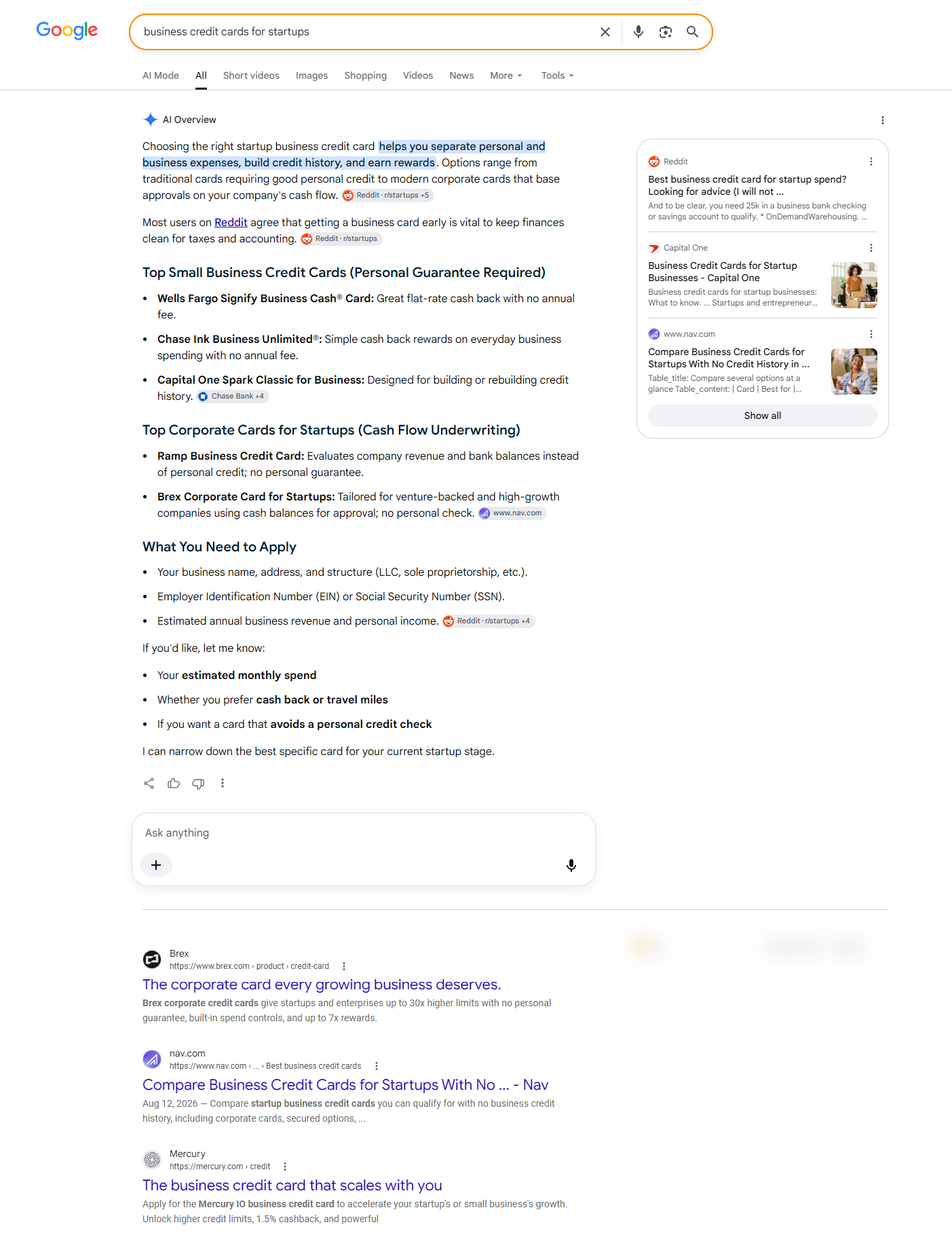 Google search for 'business credit cards for startups' in the US, showing Brex ranked #1 organically, while the AI Overview above it is led by Reddit consensus and cites Nav, naming Brex as one option rather than the top recommendation.