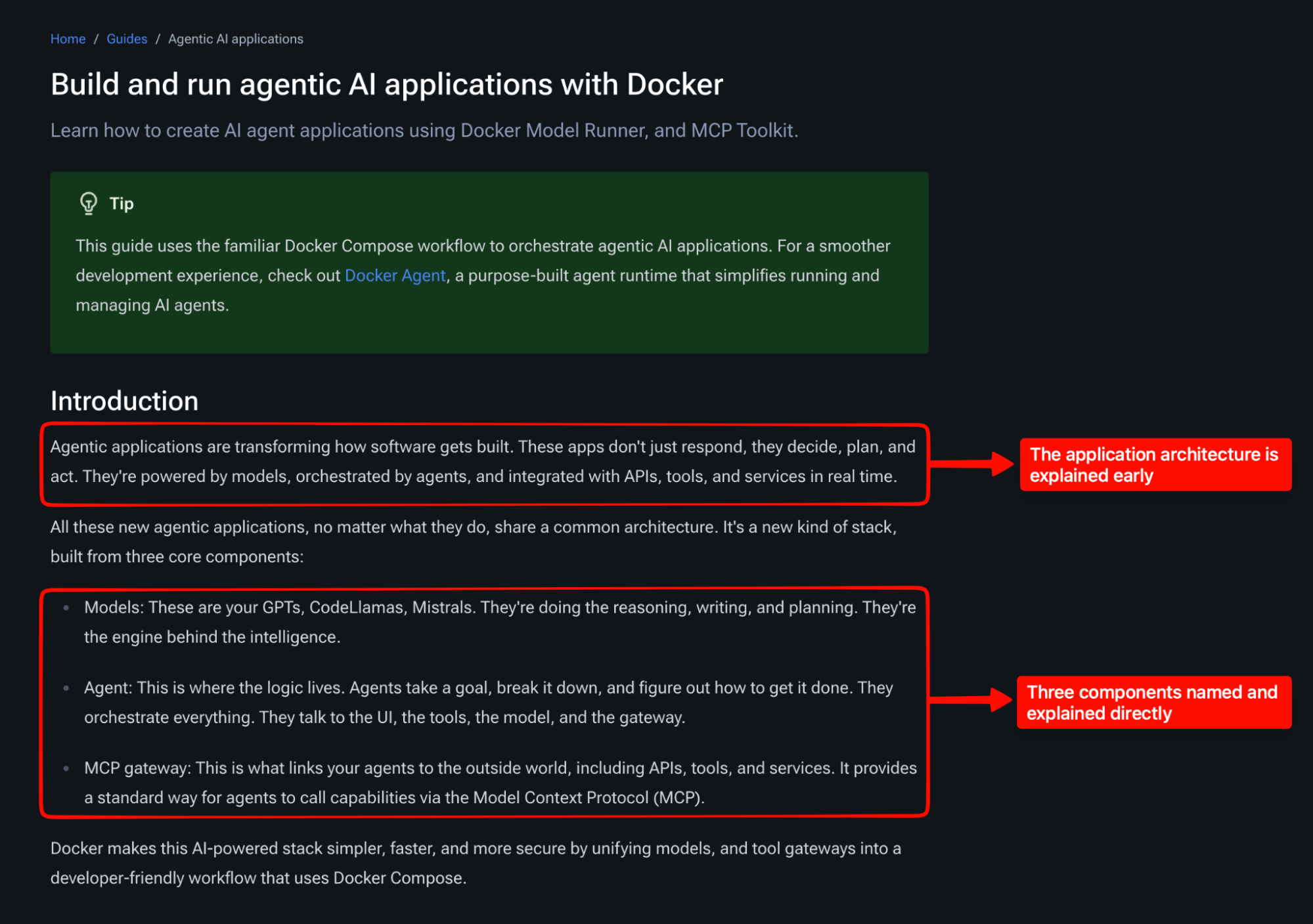 Annotated Agentic AI documentation showing application architecture and core components explained before setup instructions
