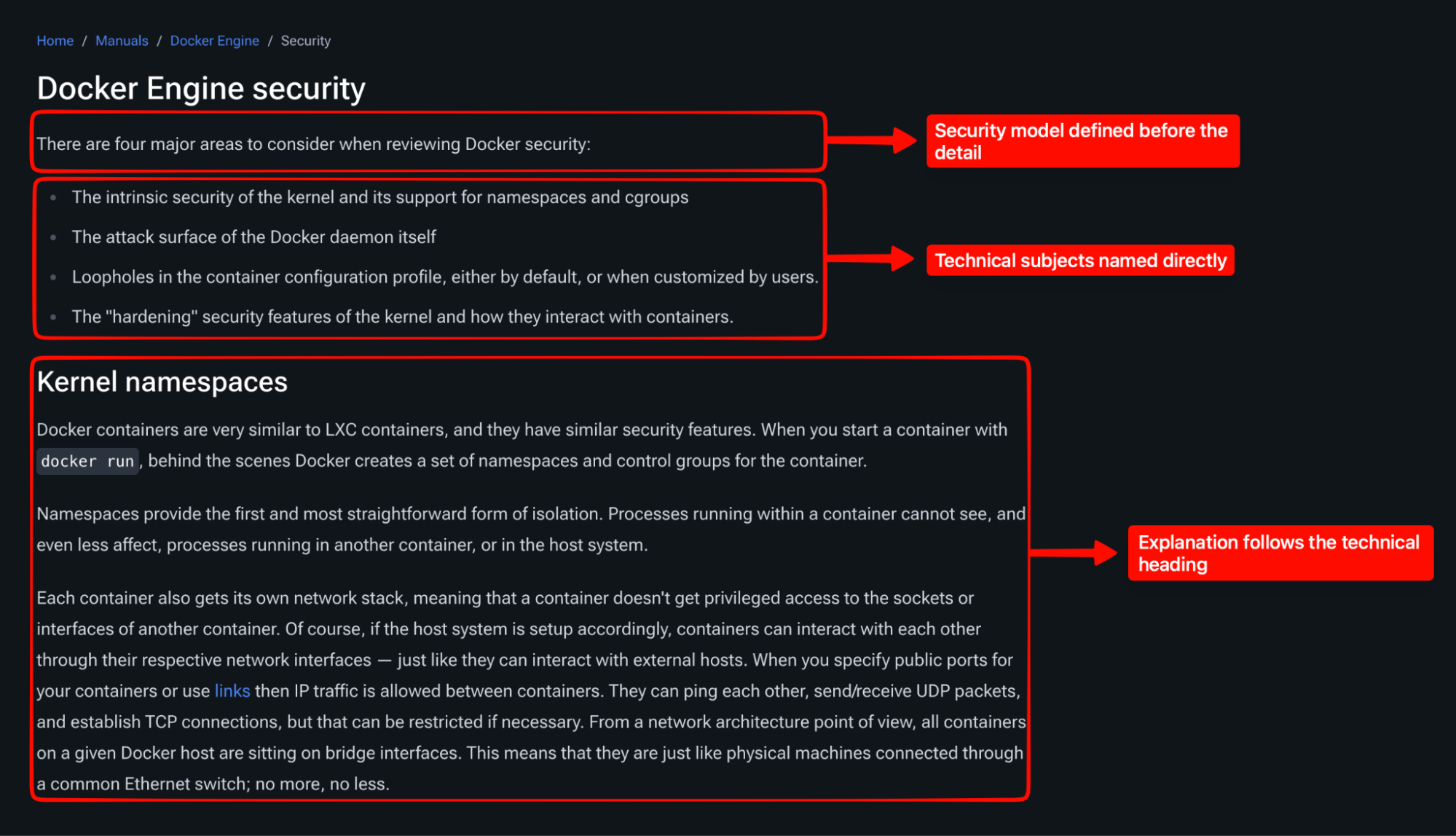 Annotated Docker Engine Security documentation showing the security model and technical subjects introduced directly near the top