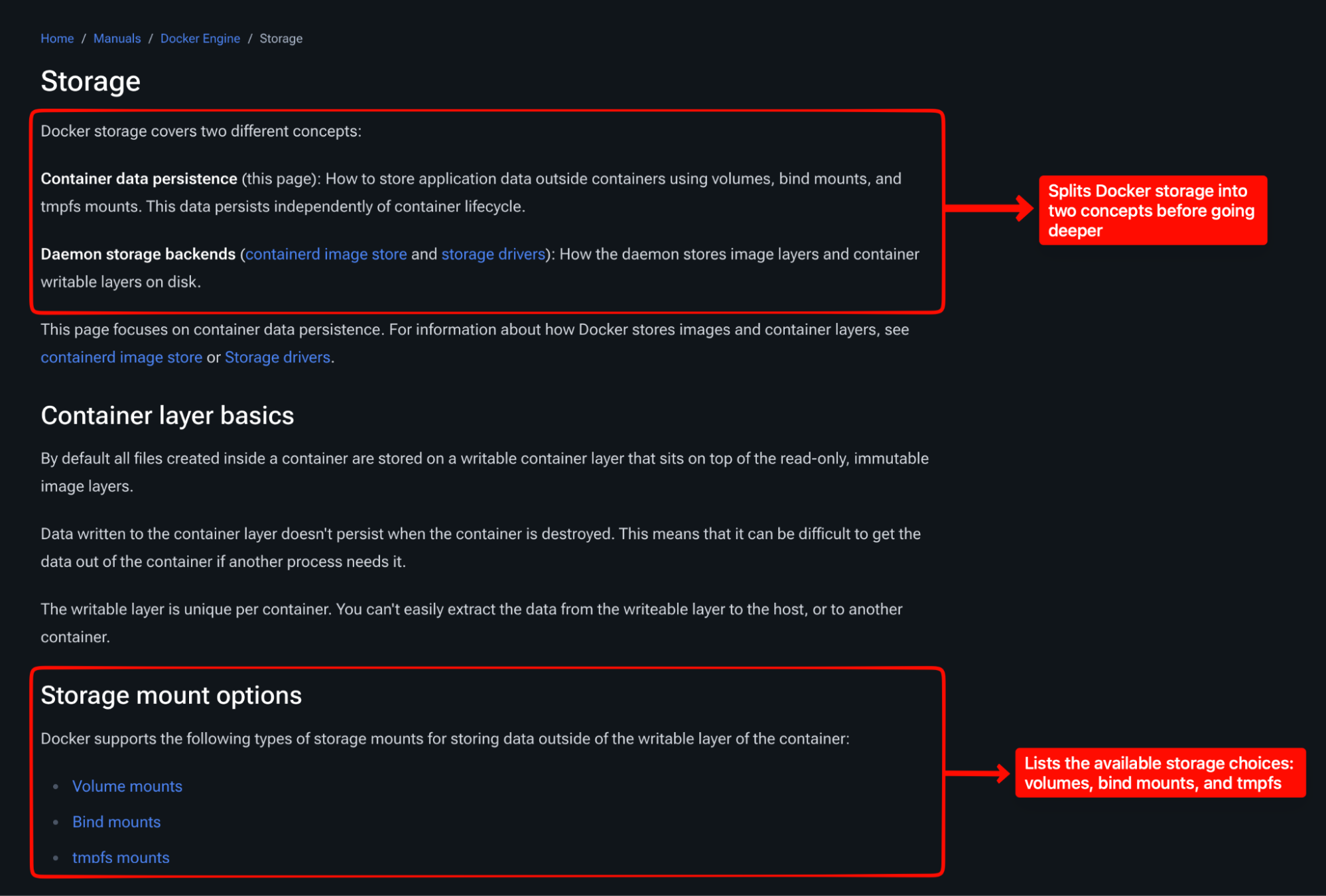 Annotated Docker Storage documentation separating container data from daemon storage and listing available storage options