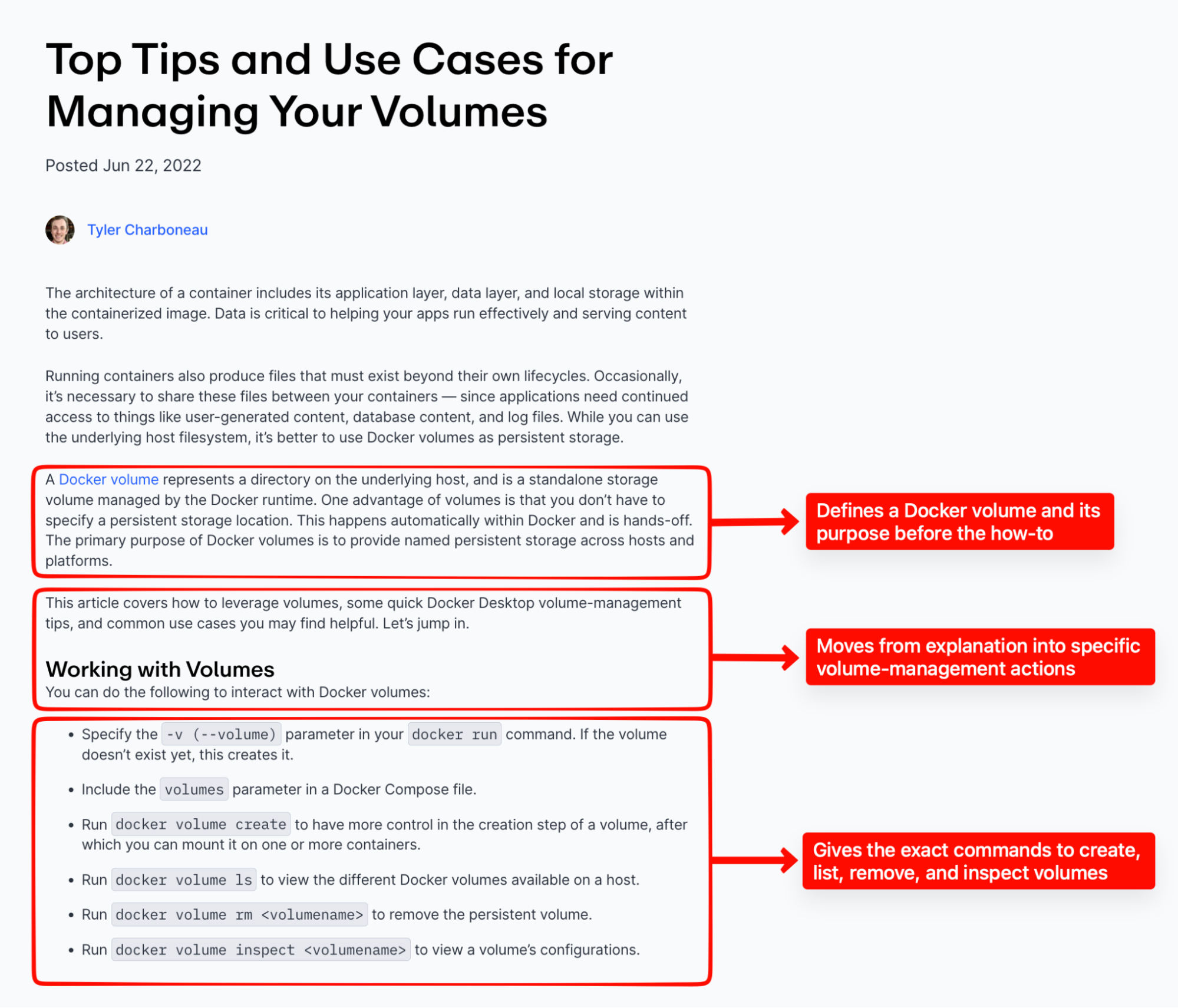 Annotated Docker volumes blog post defining volumes and providing commands to create, list, remove, inspect, and use them