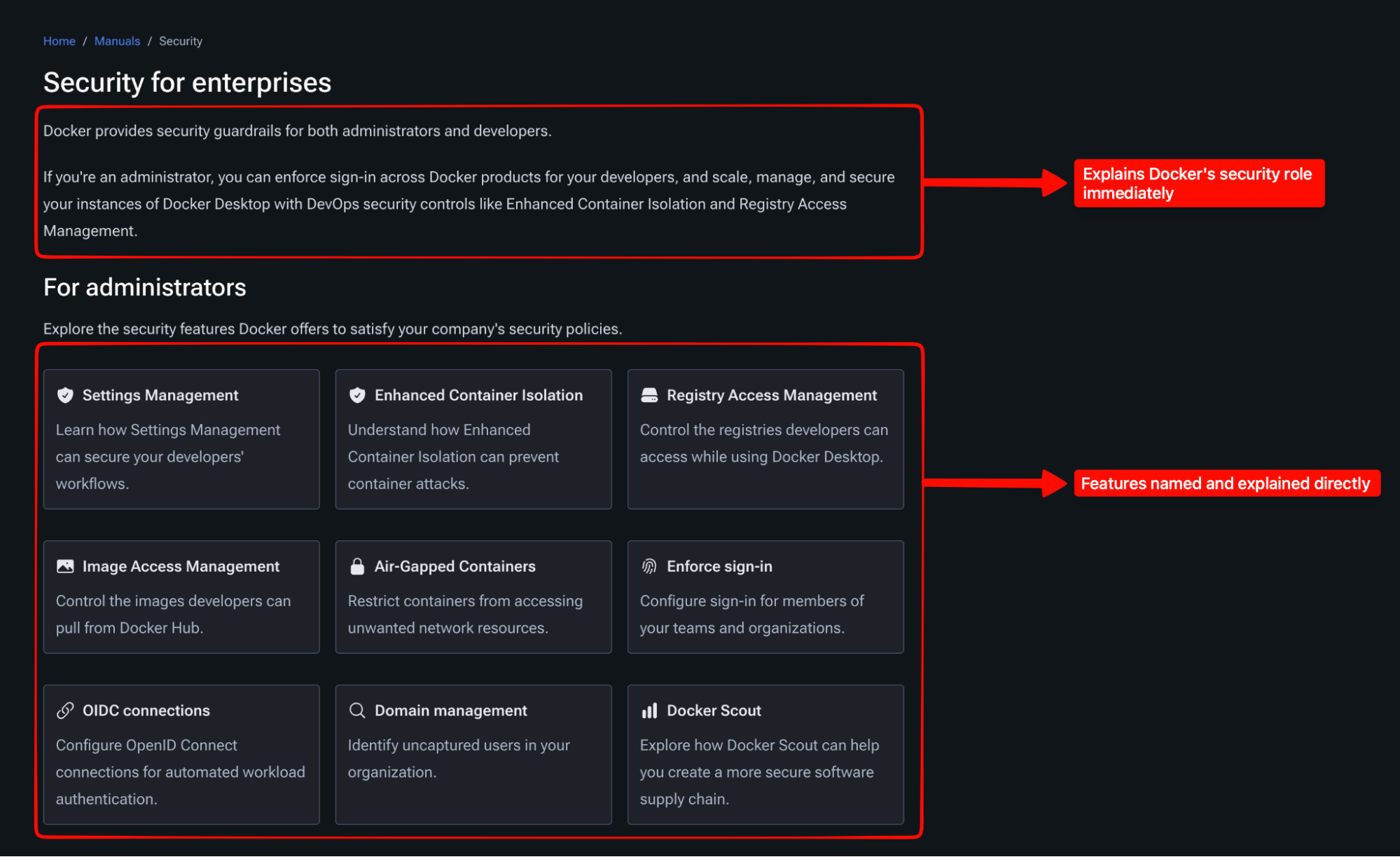 Annotated Docker Security for Enterprises page showing an early product explanation followed by named security controls