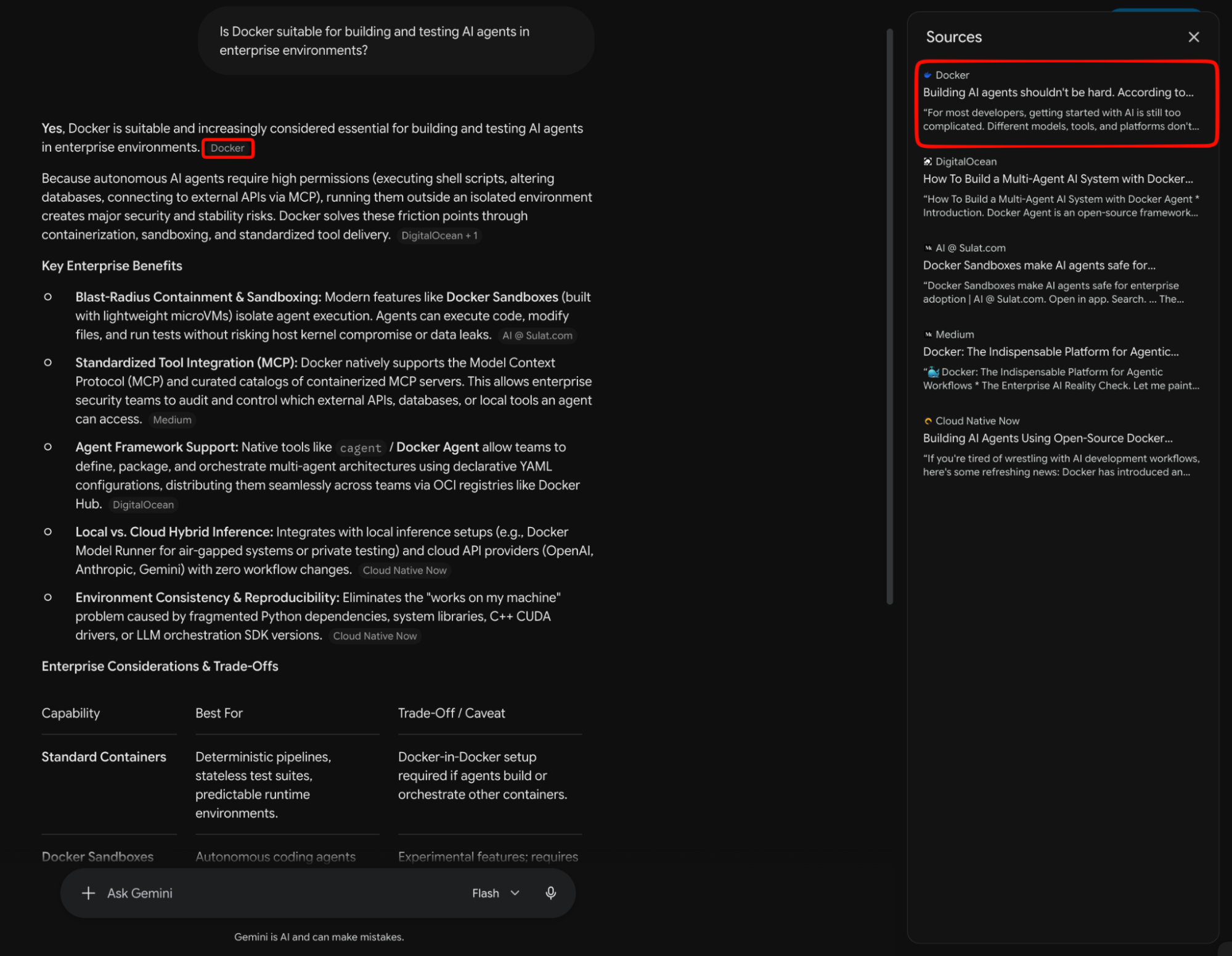 Gemini answer about enterprise AI agents citing Docker’s “Building AI agents shouldn’t be hard” blog post