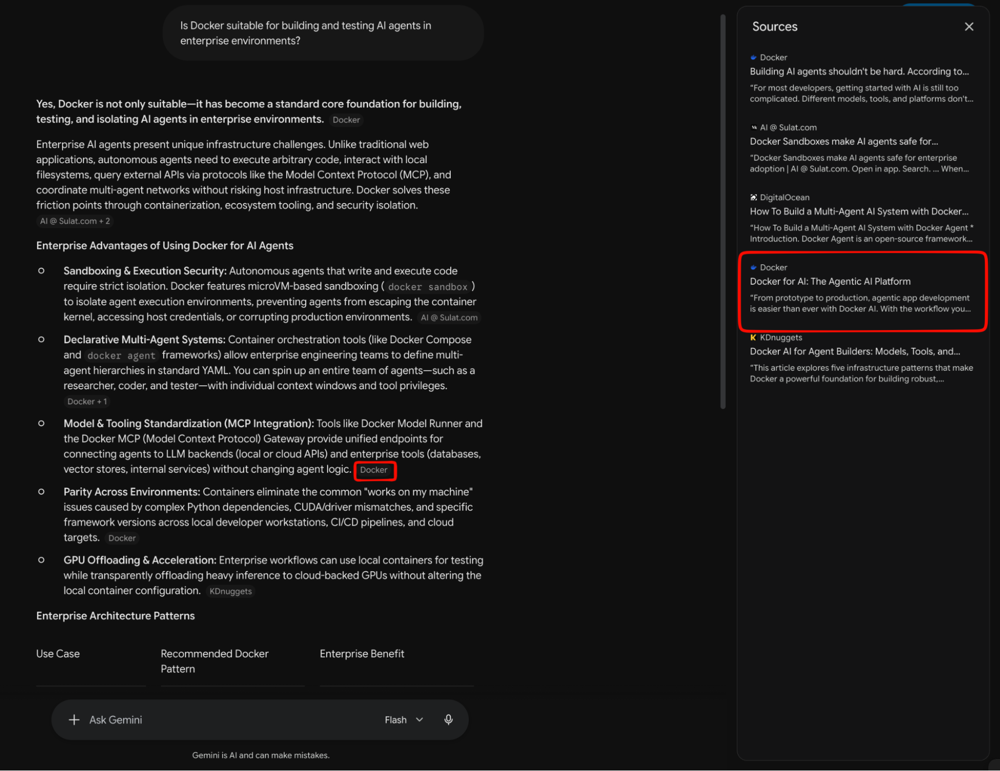 Gemini answer about enterprise AI agents citing Docker’s Docker for AI product page
