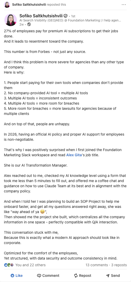 LinkedIn post explaining how limited company support leads employees to buy their own AI subscriptions, creating inconsistent tools, security risks, and employee resentment
