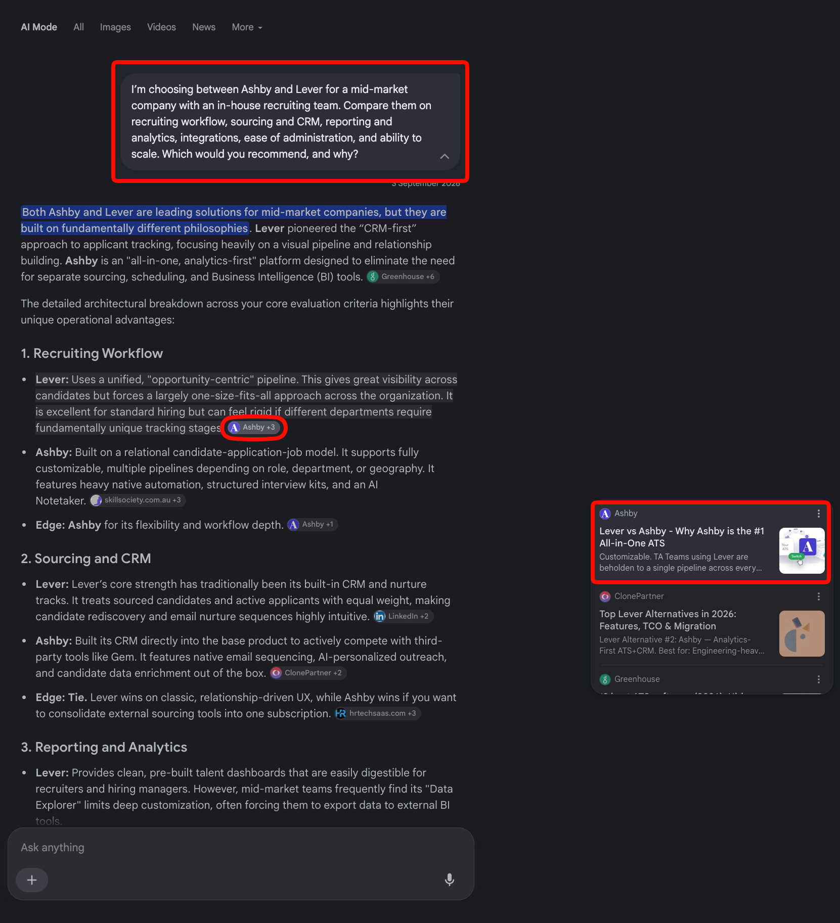 Google AI Mode using Ashby content to assess Lever workflows
