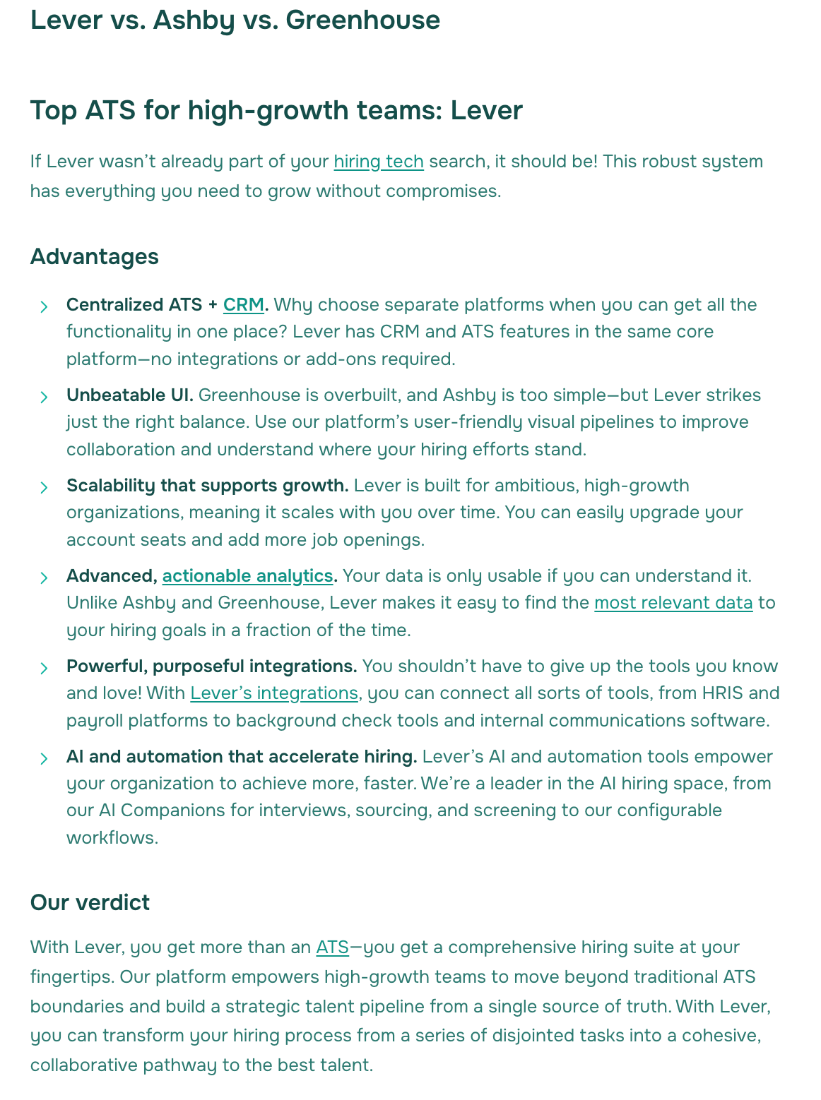 Lever comparison page positioning itself alongside Greenhouse and Ashby