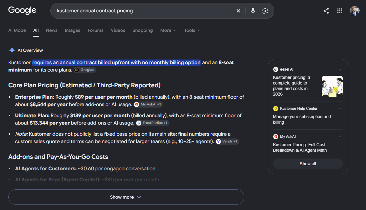 A screenshot of Google search results for 'kustomer annual contract pricing' showing an AI Overview that cites Gorgias as a source for Kustomer's contract billing terms and estimated plan costs.