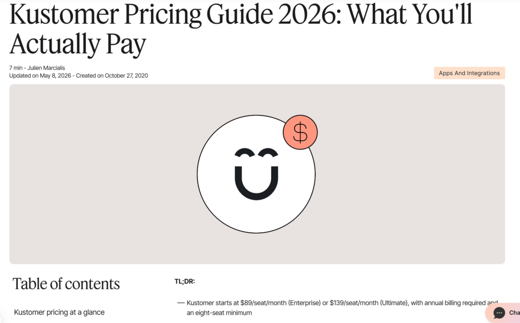 A screenshot of Gorgias's blog post titled 'Kustomer Pricing Guide 2026: What You'll Actually Pay' showing the article header, publication dates, and an opening TL;DR pricing summary.