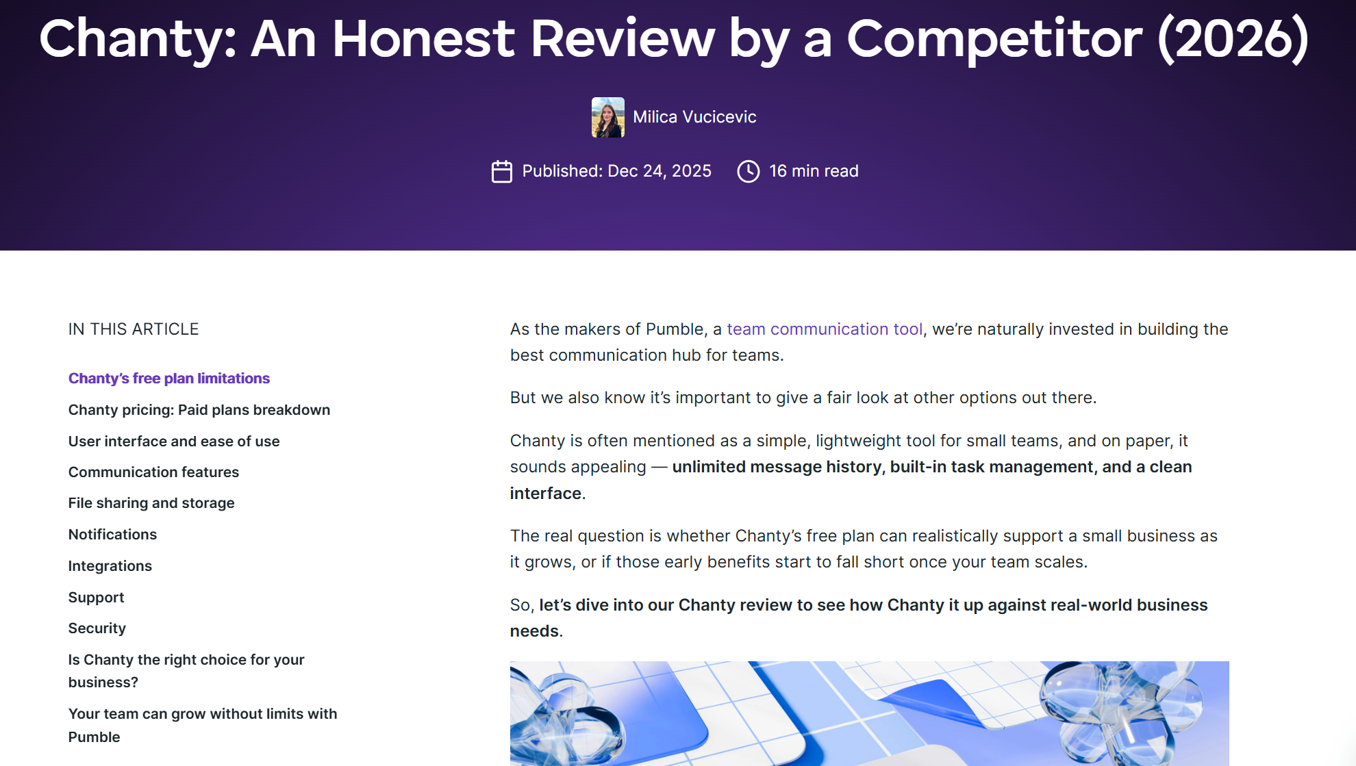 A screenshot of Pumble's landing page titled 'Chanty: An Honest Review by a Competitor (2026)' displaying author details, publication date, table of contents, and introductory text.