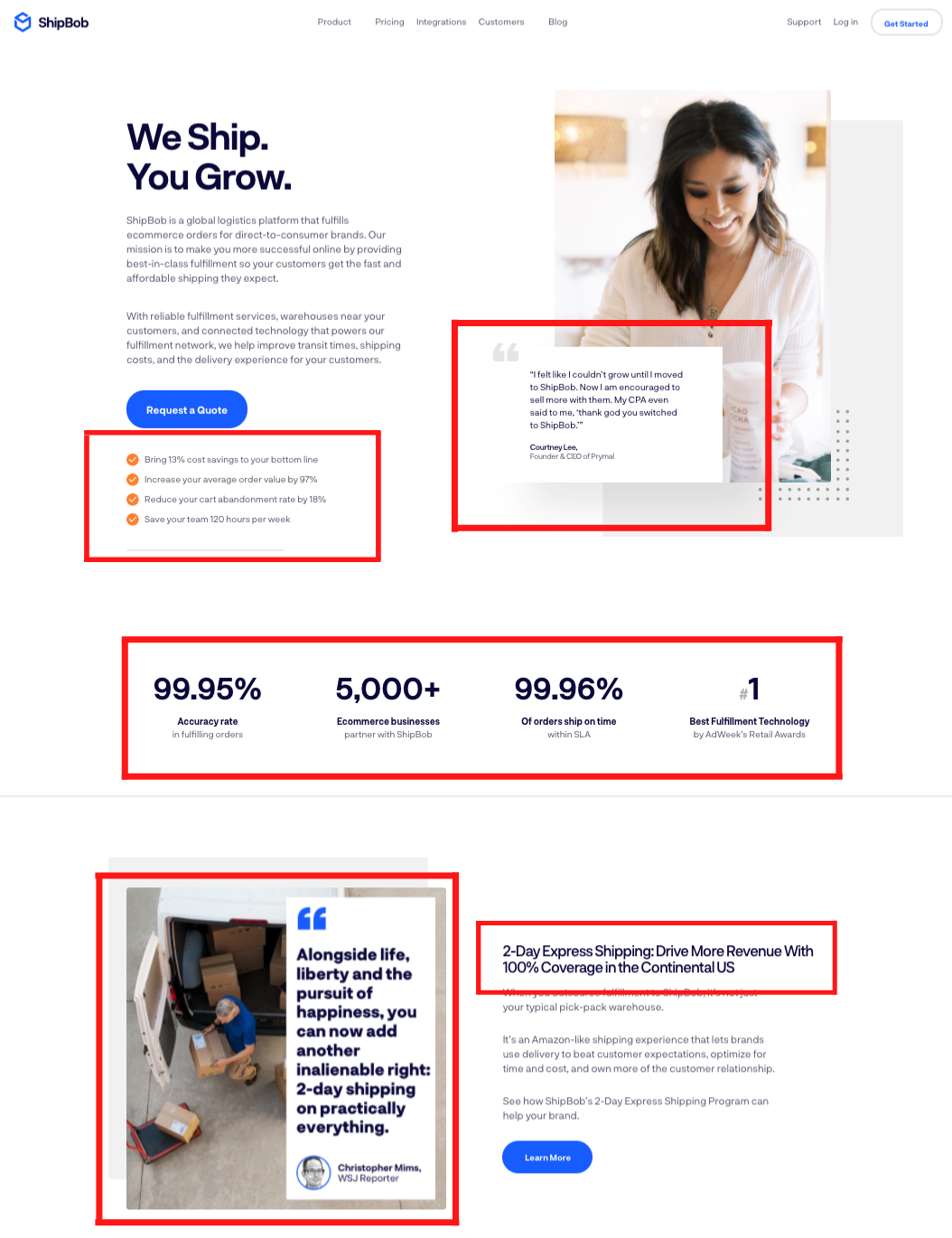 Social Proof on Shipbob Landing Page
